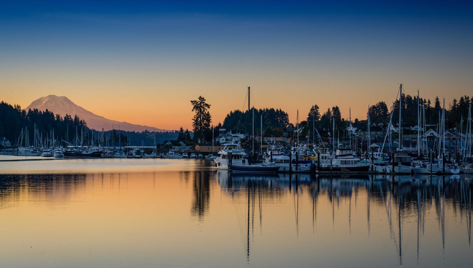 Evening light over the water and marina at Gig Harbor, Washington